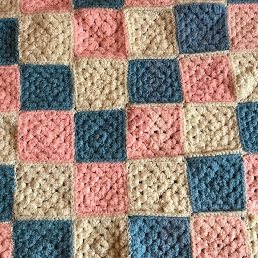Handmade Square Crochet Baby Blanket off white, pink, blue, nursery, dolls